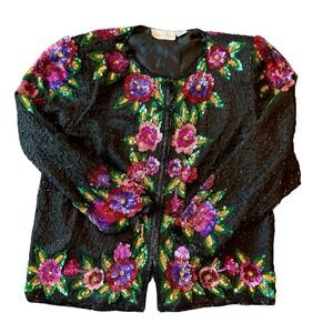 Vtg Laurence Kazar XL Floral Jacket New York Silk Beaded Sequin Top Petite